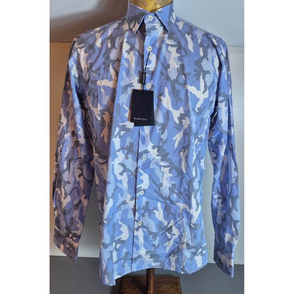 Bugatchi Mens Dress Shirt Small Classic Fit Blue Gray Camo Print NEW NWT $149